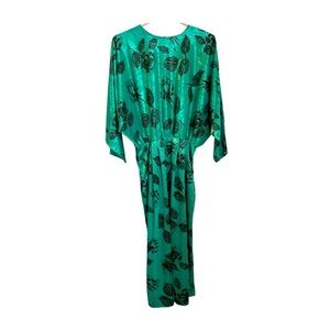Vintage 80s Floral Midi dress Dolman Sleeve Poly Knit Iridescent Green Black M